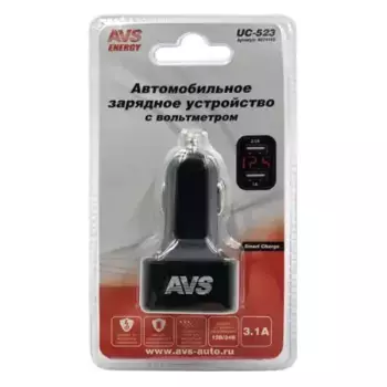 адаптер автомобильный! 2 порта USB 3А с вольтметром, черный, блистер\ A07444S AVS