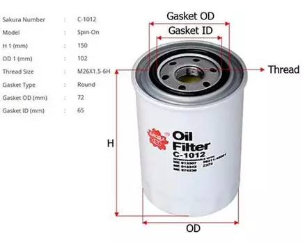 Фильтр масляный SAKURA C1012 HYUNDAI COUNTRY/HD LIGHT, Mitsubishi Pajero 2.8TD/3.2Di-D 94>