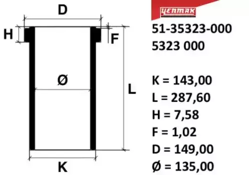 гильза цилиндра! d135 H+F=7.58+1 сухая V6\ RVI MIDR06.35.40J1/J3/L1/M3/N3 Euro1 51-35323-000 YENMAK