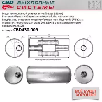ГЛУШИТЕЛЬ ОСНОВНОЙ УНИВЕРСАЛЬНЫЙ 400 Х 186 Х 45 ОТВЕРСТИЯ ПО ЦЕНТРУ/СМЕЩЕННОЕ (КРУГ) CBD430009 CBD