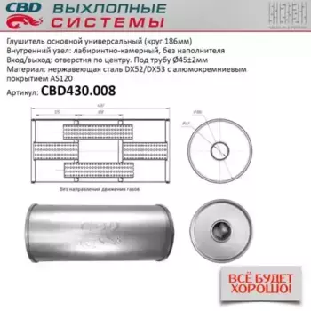 ГЛУШИТЕЛЬ ОСНОВНОЙ УНИВЕРСАЛЬНЫЙ 400 Х 186 Х 45 ОТВЕРСТИЯ ПО ЦЕНТРУ (КРУГ) CBD430008 CBD
