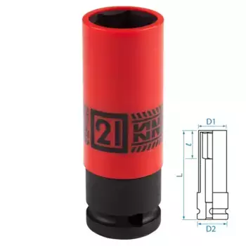 головка торцевая! ударная глубокая 1/2'', 21 мм, тонкостенная, пластиковая защита KING TONY\ 494521M
