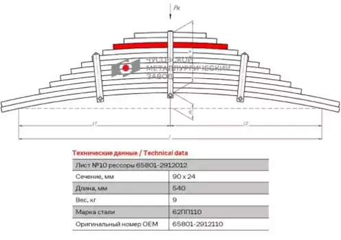 Лист 10 Рессора задняя для грузовиков производства ПАО КамАЗ 6580 12 листов 65801-2912110 ЧУСОВСКАЯ РЕССОРА