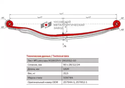 лист коренной! рессоры передней №1 90х26 L=1826\ Volvo 902603VV-2902101-10 ЧУСОВСКАЯ РЕССОРА