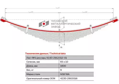 лист подкоренной перед.! №2 65х10 L=1600\ ГАЗ 4230-2902016 ЧУСОВСКАЯ РЕССОРА