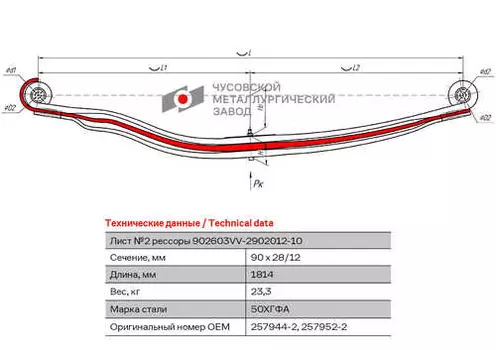 лист подкоренной! рессоры передней №2 90х26 L=1814\ Volvo 902603VV-2902102 ЧУСОВСКАЯ РЕССОРА