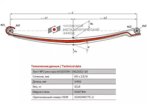 лист подкоренной задн.! №2 60х23 L=1492 \ Iveco 602203IV-2912102 ЧУСОВСКАЯ РЕССОРА