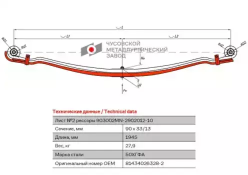 лист рессоры! №2 90х33, L=1945\ MAN 903002MN-2902050 ЧУСОВСКАЯ РЕССОРА