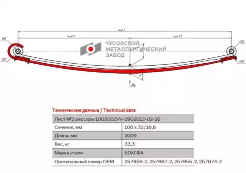 лист рессоры !№2 передняя L=2009mm (2-х листовая) \ Volvo FH12, FM12 1003002VV-2902050-02 ЧУСОВСКАЯ РЕССОРА