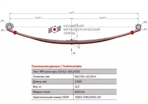лист рессоры! №3 53.1х12.1 L=1395 с хомутом\ УАЗ 3163-2912050-20 ЧУСОВСКАЯ РЕССОРА