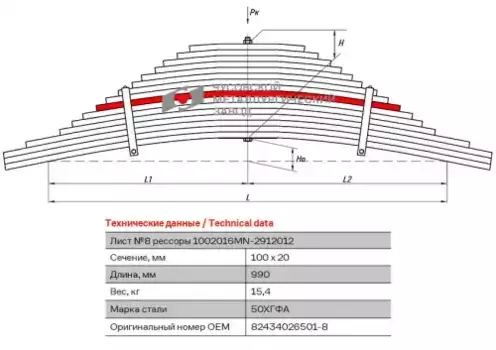 лист рессоры! №8 задняя L=990mm (16-ти листовая)\ MAN TGA/TGS 1002016MN-2912108 ЧУСОВСКАЯ РЕССОРА