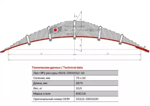 лист рессоры коренной! передней №1\ KAMAZ 55111-2902100 ЧУСОВСКАЯ РЕССОРА