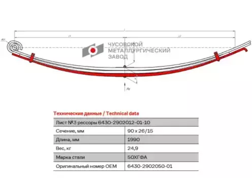 лист рессоры! передней №3 в сборе с хомутами, L=1990мм\ МАЗ 6430 6430-2902050-01 ЧУСОВСКАЯ РЕССОРА