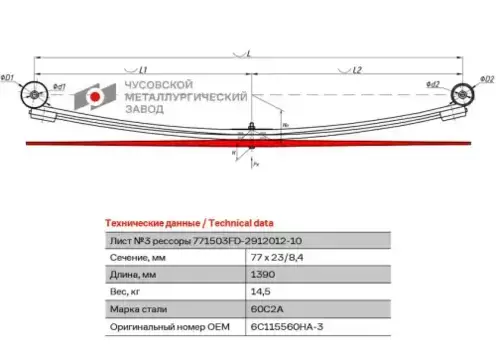 лист рессоры задн.! №3 77х23 L=1390\ Ford 771503FD-2912103 ЧУСОВСКАЯ РЕССОРА