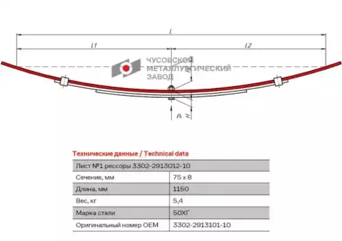лист рессоры! задней дополнительной №1, L1150мм\ ГАЗ-2705, ГАЗель NEXT 3302-2913101-10 ЧУСОВСКАЯ РЕССОРА