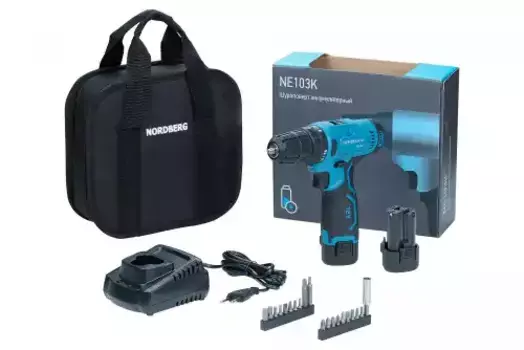 NE103K+NE9012 Шуруповерт аккумуляторный макс диам. сверла 10мм, 12В, 30Нм с 2 аккумуляторами и заряд NORDBERG