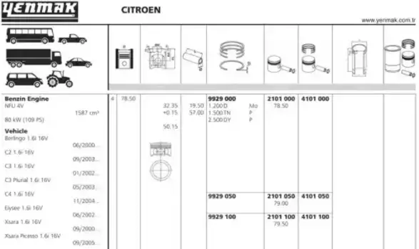 поршень! d78.5x1.2x1.5x2.5 STD\ Citroen Xsara/C3/C4 1.6 16V TU5JP4 00> 11-02101-000 YENMAK