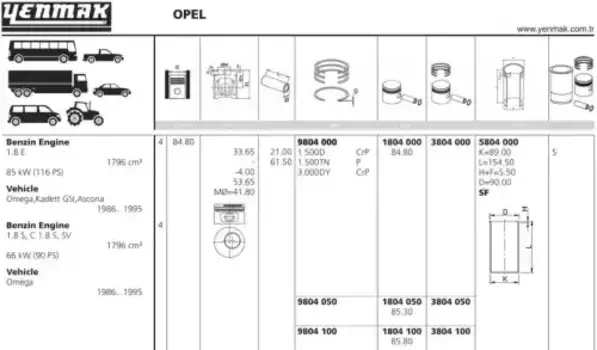 поршень! d84.8x1.5x1.5x3 +0.5\ Opel Vectra/Omega/Kadett 1.8 86-95 11-01804-050 YENMAK