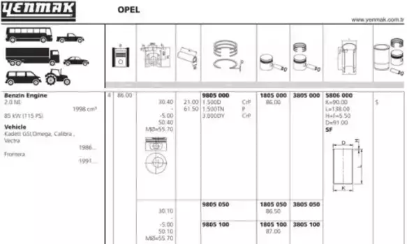 поршень! d86x1.5x1.5x3 +0.5\ Opel Omega/Vectra 2.0 86> 11-01805-050 YENMAK
