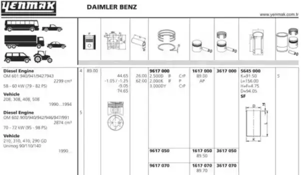 поршень ! \ MB W461/MB100 2.3D-2.9D OM601/OM602 88> d89x2,5x2x3 std 11-01617-000 YENMAK