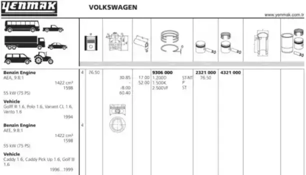 поршень с кольцами! d76.5 1.2x1.5x2.5 STD\ VW Polo/Golf/Variant 1.6 AEE 95> 31-04321-000 YENMAK