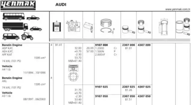 поршень с кольцами! d81x1.2x1.5x2 STD\ Audi A3/A4, VW Golf/Passat 1.6 94> 31-04307-000 YENMAK