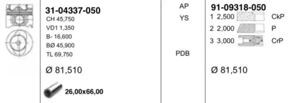 поршень в сборе! порш.+кольца d81.01 +0.50\ VW Crafter/LT 2.5TDi BJL/BJM/CECA/CECB 06> 31-04337-050 YENMAK