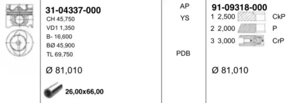поршень в сборе! поршень+кольца d81.01 STD\ VW Crafter/LT 2.5TDi BJL/BJM/CECA/CECB 06> 31-04337-000 YENMAK