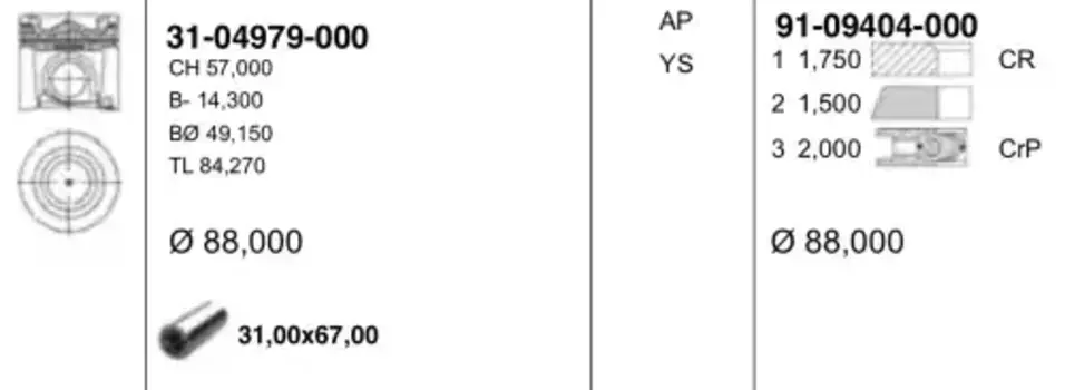 поршень в сборе! поршень+кольца d88 STD\ Fiat Ducato,Iveco Daily 3JTD F1AE3481D 31-04979-000 YENMAK