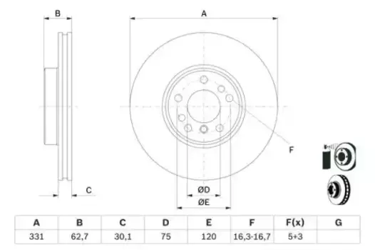 Тормозной диск BOSCH 0 986 478 974 вентилируемый передняя ось