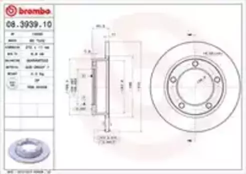 Тормозной диск BREMBO 08.3939.10 полный передняя ось