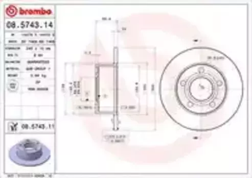 Тормозной диск BREMBO 08.5743.14 полный задняя ось