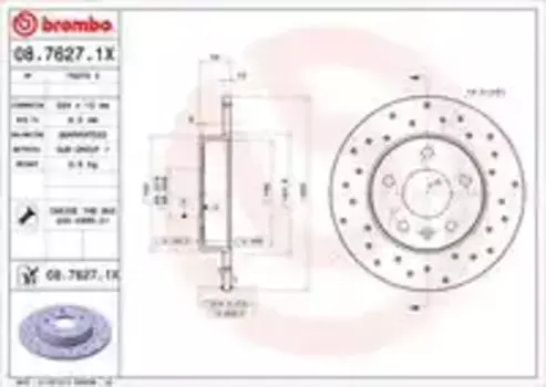 Тормозной диск BREMBO 08.7627.1X перфорированный передняя ось задняя ось