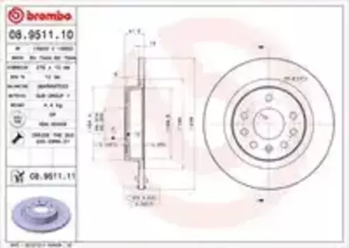 Тормозной диск BREMBO 08.9511.10 полный задняя ось