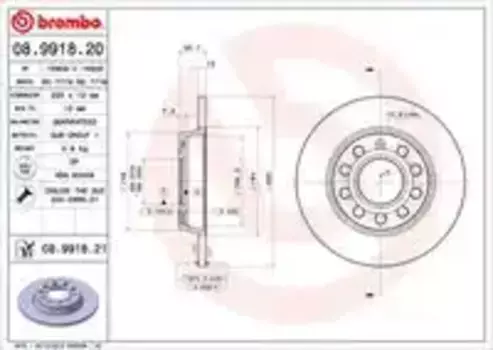 Тормозной диск BREMBO 08.9918.21 полный задняя ось