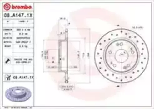 Тормозной диск BREMBO 08.A147.1X перфорированный задняя ось