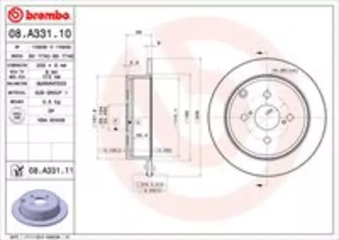Тормозной диск BREMBO 08.A331.10 полный задняя ось