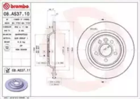 Тормозной диск BREMBO 08.A537.11 полный задняя ось