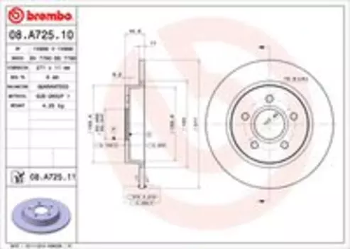 Тормозной диск BREMBO 08.A725.10 полный задний мост