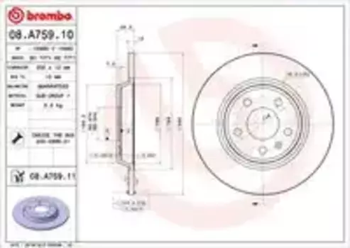 Тормозной диск BREMBO 08.A759.11 полный задняя ось