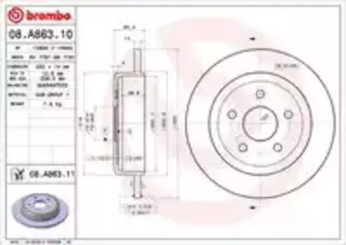 Тормозной диск BREMBO 08.A863.11 полный задняя ось