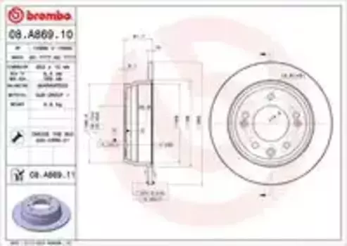Тормозной диск BREMBO 08.A869.11 полный задняя ось