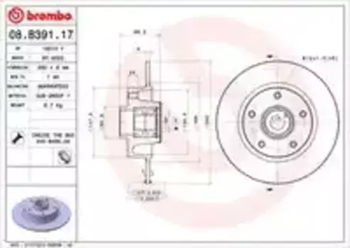 Тормозной диск BREMBO 08.B391.17 полный задняя ось