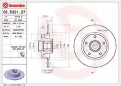 Тормозной диск BREMBO 08.B391.27 полный задняя ось