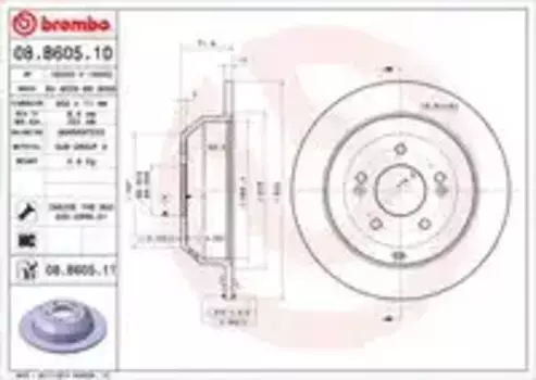 Тормозной диск BREMBO 08.B605.10 полный задняя ось