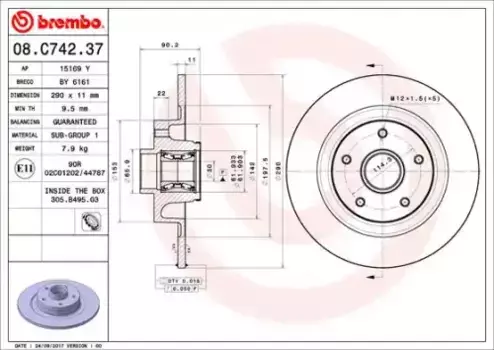 Тормозной диск BREMBO 08.C742.37 полный задняя ось