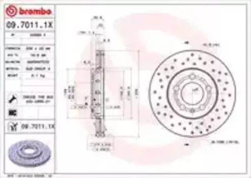 Тормозной диск BREMBO 09.7011.1X вентилируемый, перфорированный передняя ось