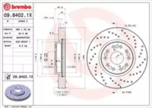 Тормозной диск BREMBO 09.8402.1X вентилируемый, перфорированный передний мост