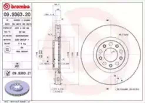 Тормозной диск BREMBO 09.9363.21 вентилируемый передняя ось