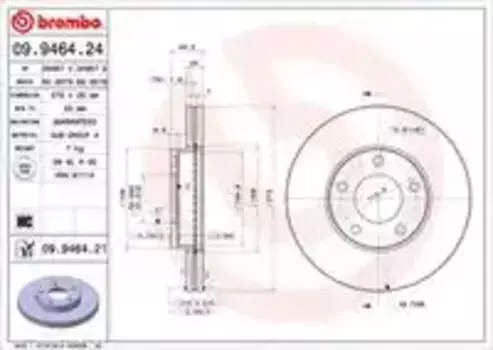 Тормозной диск BREMBO 09.9464.24 вентилируемый передняя ось